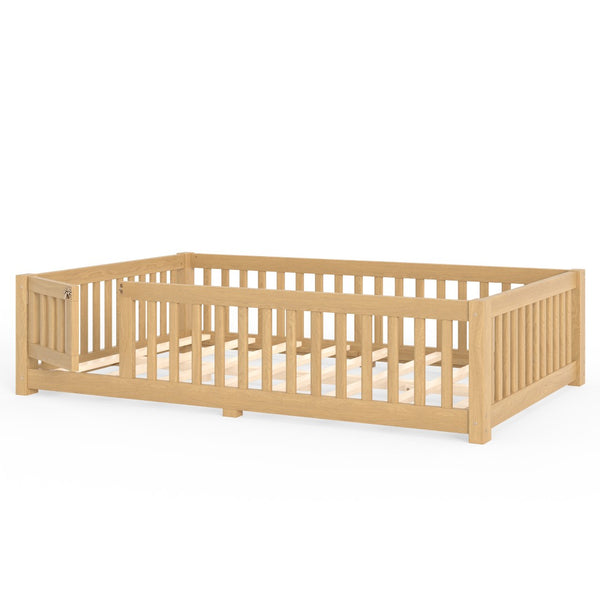 English Elm Full Size Kids Floor Bed Pine Frame with Guardrails Hinged Door Playhouse Design Natural W1580P462323