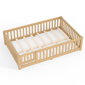 English Elm Full Size Kids Floor Bed Pine Frame with Guardrails Hinged Door Playhouse Design Natural W1580P462323