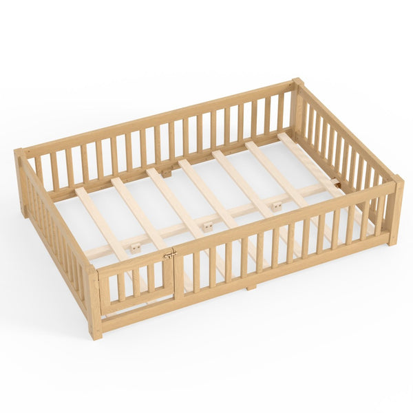 English Elm Full Size Kids Floor Bed Pine Frame with Guardrails Hinged Door Playhouse Design Natural W1580P462323