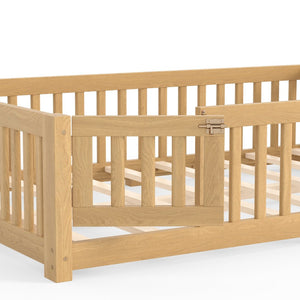 English Elm Full Size Kids Floor Bed Pine Frame with Guardrails Hinged Door Playhouse Design Natural W1580P462323