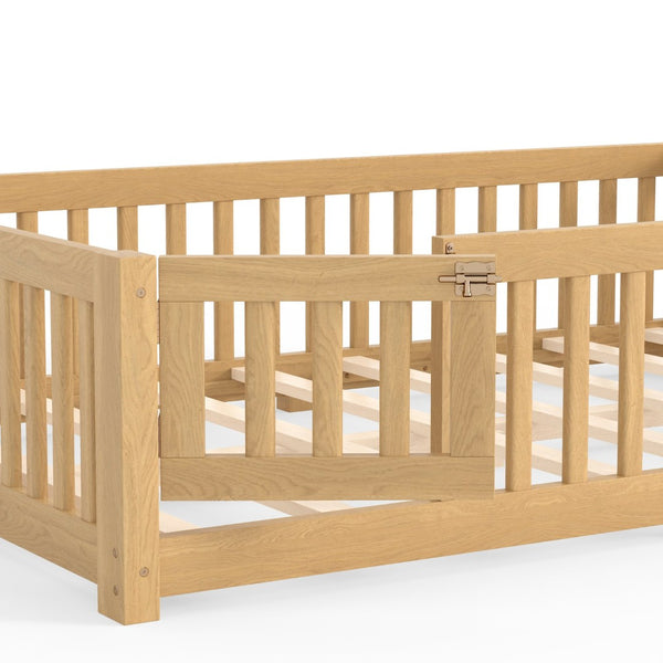 English Elm Full Size Kids Floor Bed Pine Frame with Guardrails Hinged Door Playhouse Design Natural W1580P462323