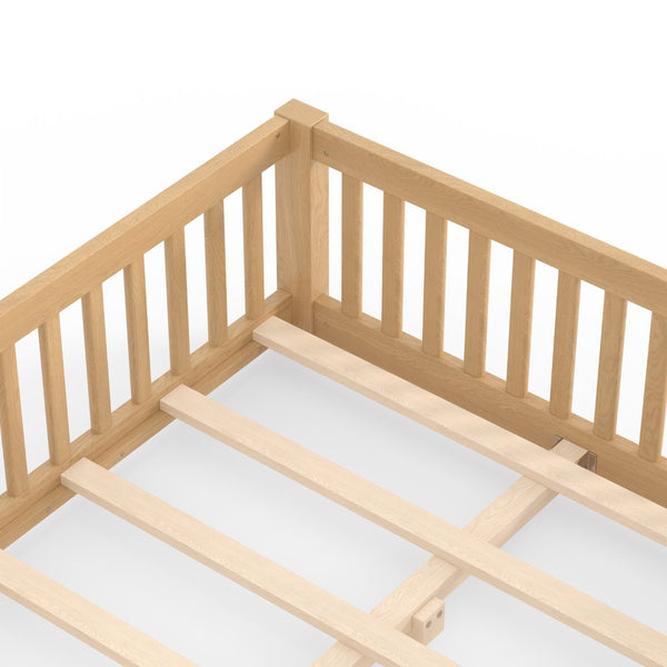 English Elm Full Size Kids Floor Bed Pine Frame with Guardrails Hinged Door Playhouse Design Natural W1580P462323