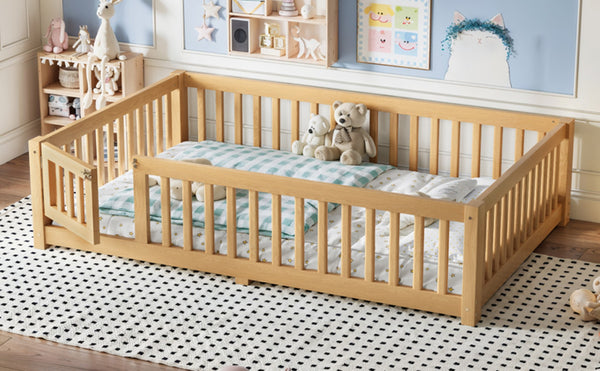English Elm Full Size Kids Floor Bed Pine Frame with Guardrails Hinged Door Playhouse Design Natural W1580P462323