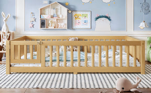 English Elm Full Size Kids Floor Bed Pine Frame with Guardrails Hinged Door Playhouse Design Natural W1580P462323