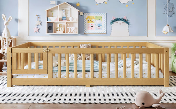 English Elm Full Size Kids Floor Bed Pine Frame with Guardrails Hinged Door Playhouse Design Natural W1580P462323