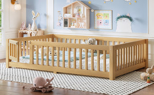 English Elm Full Size Kids Floor Bed Pine Frame with Guardrails Hinged Door Playhouse Design Natural W1580P462323