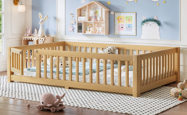 English Elm Full Size Kids Floor Bed Pine Frame with Guardrails Hinged Door Playhouse Design Natural W1580P462323