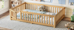 English Elm Full Size Kids Floor Bed Pine Frame with Guardrails Hinged Door Playhouse Design Natural W1580P462323