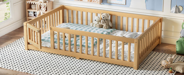 English Elm Full Size Kids Floor Bed Pine Frame with Guardrails Hinged Door Playhouse Design Natural W1580P462323