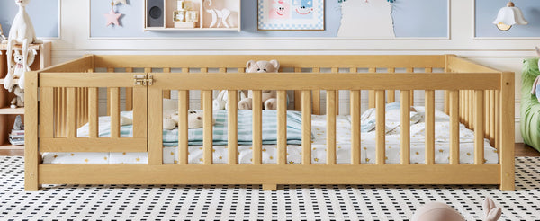 English Elm Full Size Kids Floor Bed Pine Frame with Guardrails Hinged Door Playhouse Design Natural W1580P462323