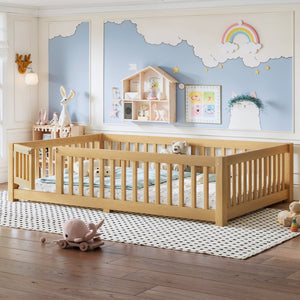 English Elm Full Size Kids Floor Bed Pine Frame with Guardrails Hinged Door Playhouse Design Natural W1580P462323