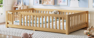 English Elm Full Size Kids Floor Bed Pine Frame with Guardrails Hinged Door Playhouse Design Natural W1580P462323