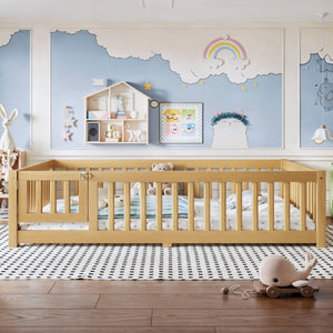 English Elm Full Size Kids Floor Bed Pine Frame with Guardrails Hinged Door Playhouse Design Natural W1580P462323