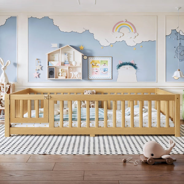 English Elm Full Size Kids Floor Bed Pine Frame with Guardrails Hinged Door Playhouse Design Natural W1580P462323