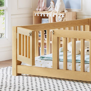 English Elm Full Size Kids Floor Bed Pine Frame with Guardrails Hinged Door Playhouse Design Natural W1580P462323