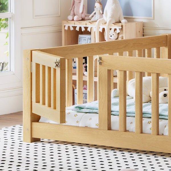 English Elm Full Size Kids Floor Bed Pine Frame with Guardrails Hinged Door Playhouse Design Natural W1580P462323