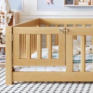 English Elm Full Size Kids Floor Bed Pine Frame with Guardrails Hinged Door Playhouse Design Natural W1580P462323