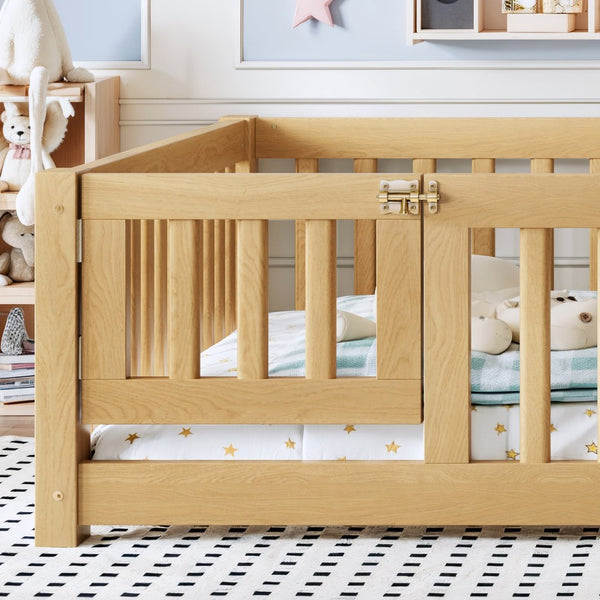 English Elm Full Size Kids Floor Bed Pine Frame with Guardrails Hinged Door Playhouse Design Natural W1580P462323