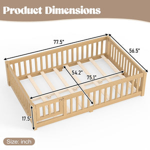 English Elm Full Size Kids Floor Bed Pine Frame with Guardrails Hinged Door Playhouse Design Natural W1580P462323
