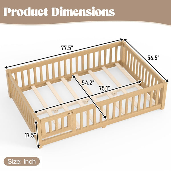 English Elm Full Size Kids Floor Bed Pine Frame with Guardrails Hinged Door Playhouse Design Natural W1580P462323