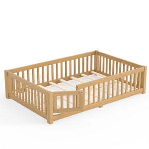 English Elm Full Size Kids Floor Bed Pine Frame with Guardrails Hinged Door Playhouse Design Natural W1580P462323