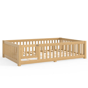 English Elm Full Size Kids Floor Bed Pine Frame with Guardrails Hinged Door Playhouse Design Natural W1580P462323