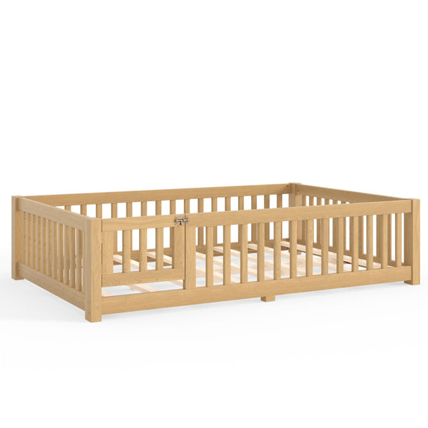 English Elm Full Size Kids Floor Bed Pine Frame with Guardrails Hinged Door Playhouse Design Natural W1580P462323