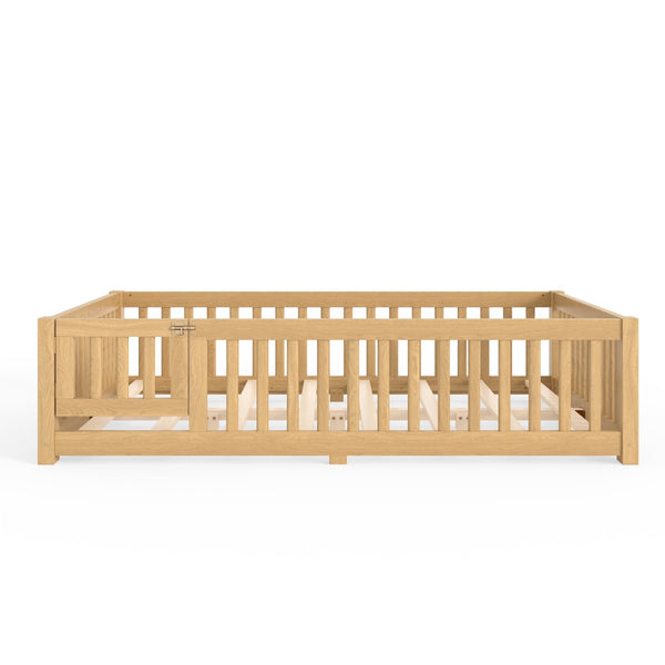 English Elm Full Size Kids Floor Bed Pine Frame with Guardrails Hinged Door Playhouse Design Natural W1580P462323