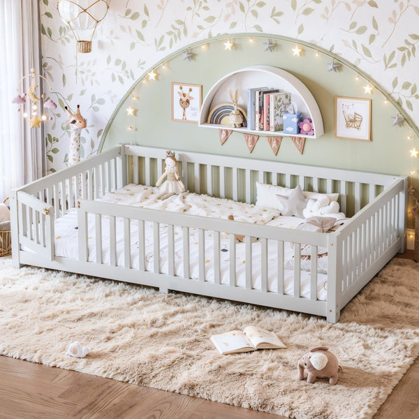 English Elm Queen Pine Floor Bed with Guardrails Hinged Door Low Profile Kids Sleep Frame White W1580P462324