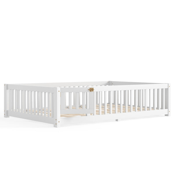 English Elm Queen Pine Floor Bed with Guardrails Hinged Door Low Profile Kids Sleep Frame White W1580P462324