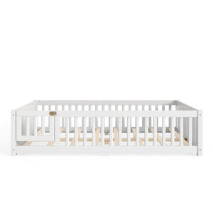 English Elm Queen Pine Floor Bed with Guardrails Hinged Door Low Profile Kids Sleep Frame White W1580P462324