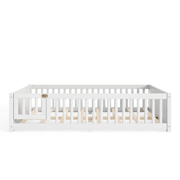 English Elm Queen Pine Floor Bed with Guardrails Hinged Door Low Profile Kids Sleep Frame White W1580P462324