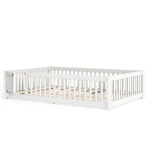 English Elm Queen Pine Floor Bed with Guardrails Hinged Door Low Profile Kids Sleep Frame White W1580P462324