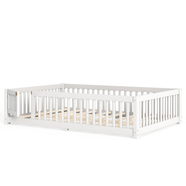 English Elm Queen Pine Floor Bed with Guardrails Hinged Door Low Profile Kids Sleep Frame White W1580P462324