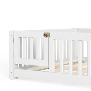 English Elm Queen Pine Floor Bed with Guardrails Hinged Door Low Profile Kids Sleep Frame White W1580P462324