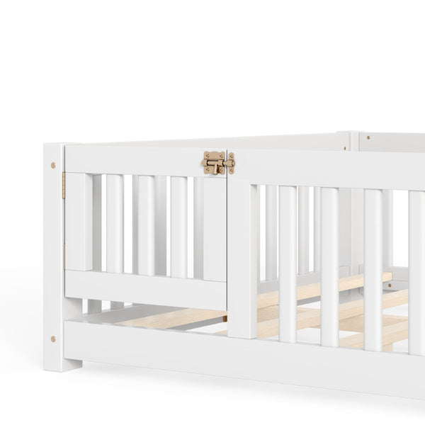 English Elm Queen Pine Floor Bed with Guardrails Hinged Door Low Profile Kids Sleep Frame White W1580P462324