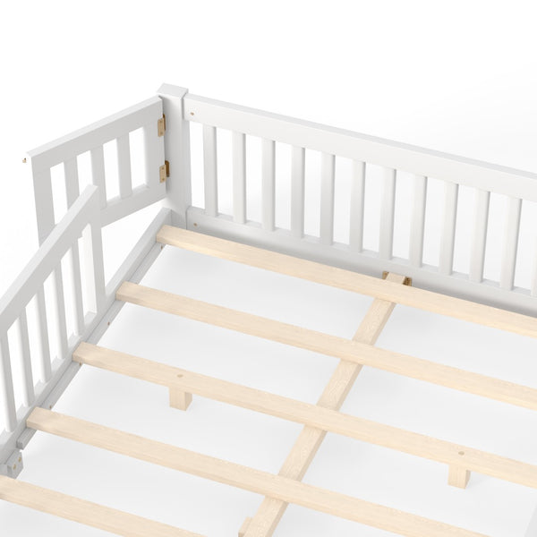 English Elm Queen Pine Floor Bed with Guardrails Hinged Door Low Profile Kids Sleep Frame White W1580P462324