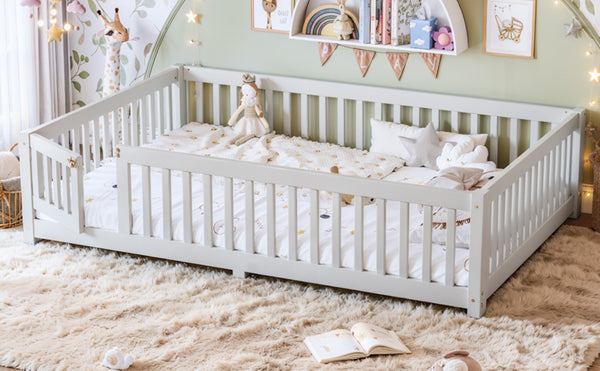 English Elm Queen Pine Floor Bed with Guardrails Hinged Door Low Profile Kids Sleep Frame White W1580P462324