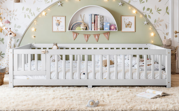 English Elm Queen Pine Floor Bed with Guardrails Hinged Door Low Profile Kids Sleep Frame White W1580P462324
