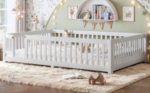 English Elm Queen Pine Floor Bed with Guardrails Hinged Door Low Profile Kids Sleep Frame White W1580P462324