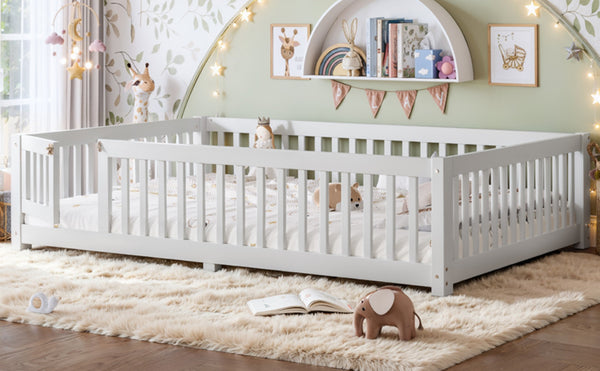 English Elm Queen Pine Floor Bed with Guardrails Hinged Door Low Profile Kids Sleep Frame White W1580P462324
