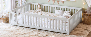 English Elm Queen Pine Floor Bed with Guardrails Hinged Door Low Profile Kids Sleep Frame White W1580P462324