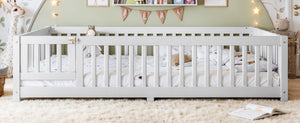 English Elm Queen Pine Floor Bed with Guardrails Hinged Door Low Profile Kids Sleep Frame White W1580P462324