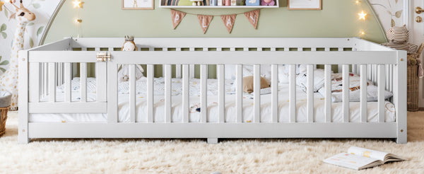 English Elm Queen Pine Floor Bed with Guardrails Hinged Door Low Profile Kids Sleep Frame White W1580P462324