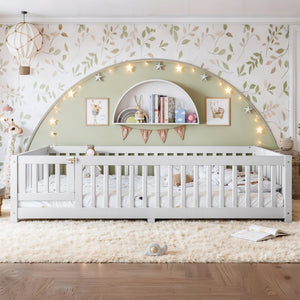 English Elm Queen Pine Floor Bed with Guardrails Hinged Door Low Profile Kids Sleep Frame White W1580P462324