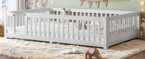 English Elm Queen Pine Floor Bed with Guardrails Hinged Door Low Profile Kids Sleep Frame White W1580P462324