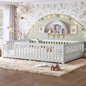 English Elm Queen Pine Floor Bed with Guardrails Hinged Door Low Profile Kids Sleep Frame White W1580P462324