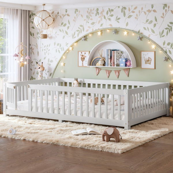 English Elm Queen Pine Floor Bed with Guardrails Hinged Door Low Profile Kids Sleep Frame White W1580P462324