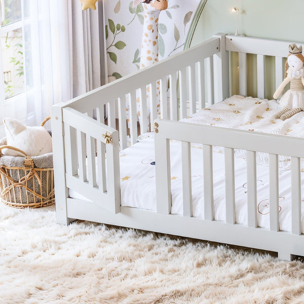 English Elm Queen Pine Floor Bed with Guardrails Hinged Door Low Profile Kids Sleep Frame White W1580P462324