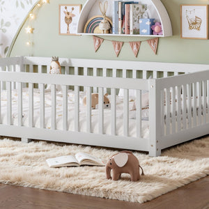English Elm Queen Pine Floor Bed with Guardrails Hinged Door Low Profile Kids Sleep Frame White W1580P462324